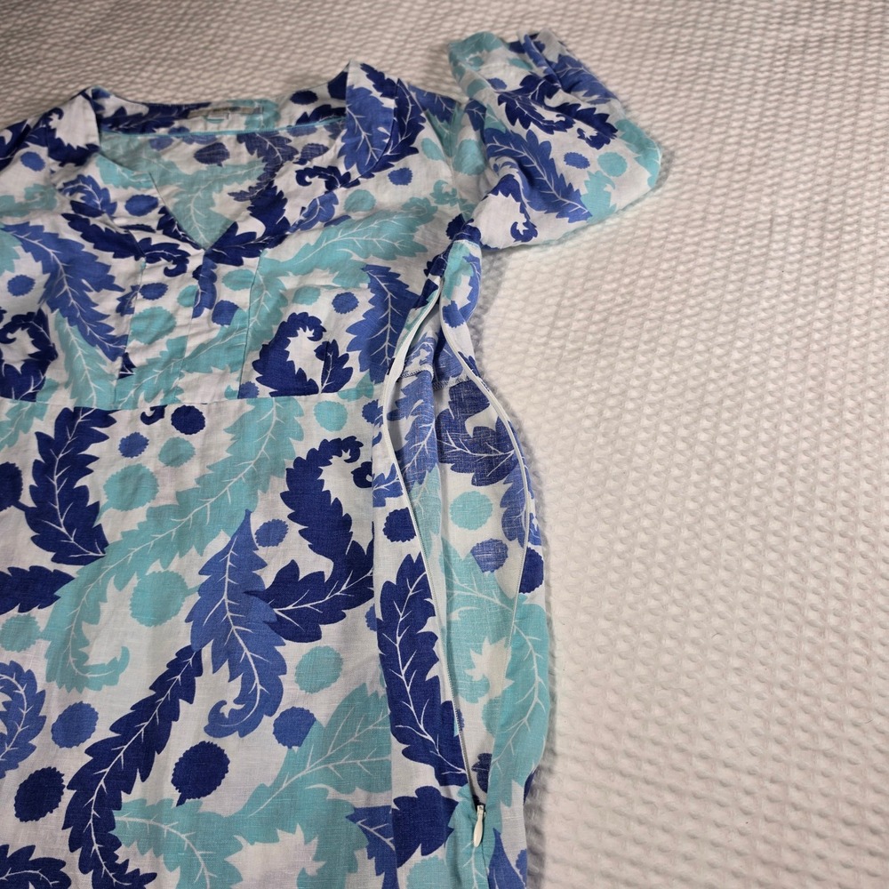Boden Blue Turquoise Linen Leaf Print Shift Dress V-Neck Long Sleeve US 10L